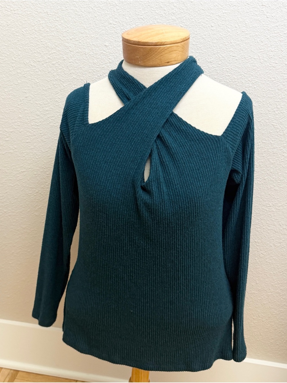Red Haute Teal Cross-Front Ribbed Off-the-Shoulder Sweater